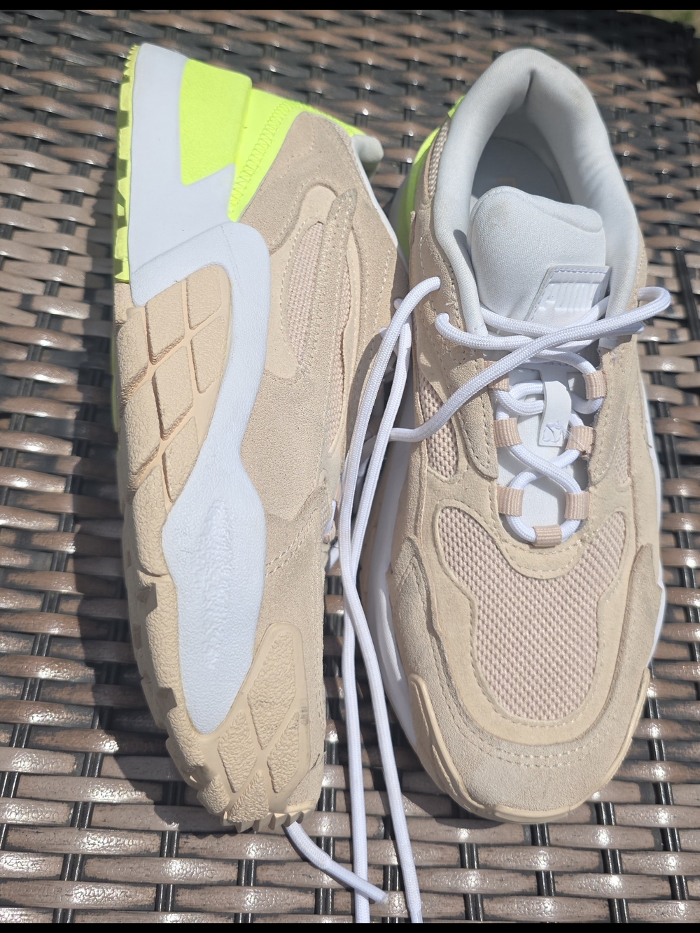 Puma Beige Sneakers with Neon Yellow Heel Accent